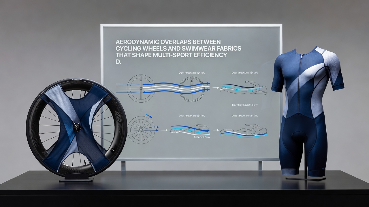 Triathlete transitioning from cycling to swimming with visible wheel rim texture and swim cap material side by side