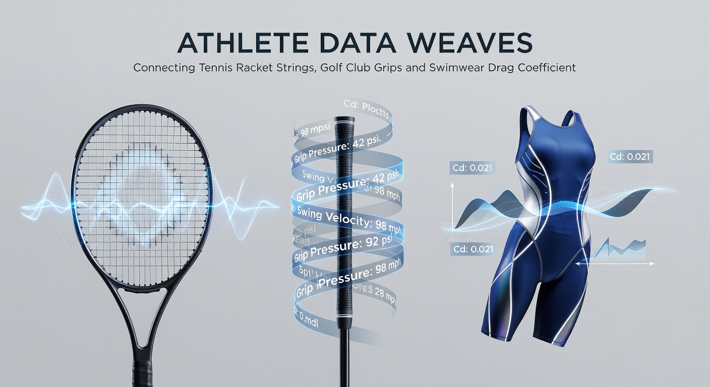Detailed view of sensor placement on golf club grip connected to swimwear drag analysis dashboard