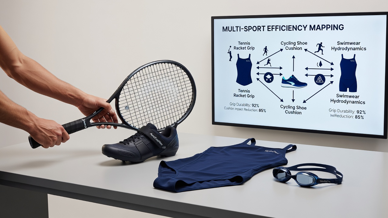 Athletes testing grip patterns on tennis rackets alongside cycling handlebar cushions and swimwear fabric tension during multi-sport sessions