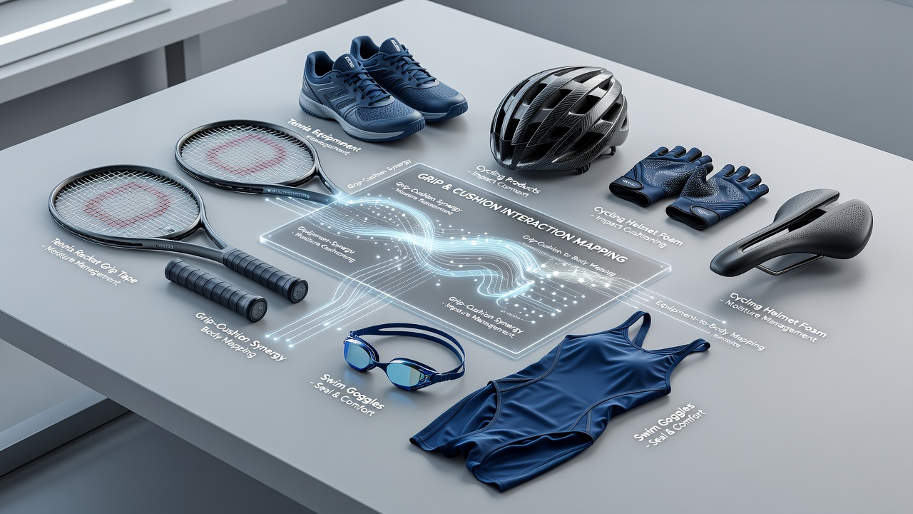 Detailed view of sensor placement on cycling grips, tennis racket handles, and swimwear panels showing real-time pressure and friction data collection