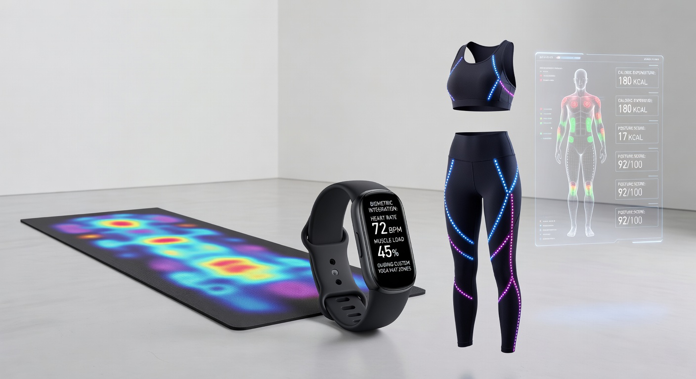 Detailed view of biometric sensors embedded in customized gym apparel and yoga equipment