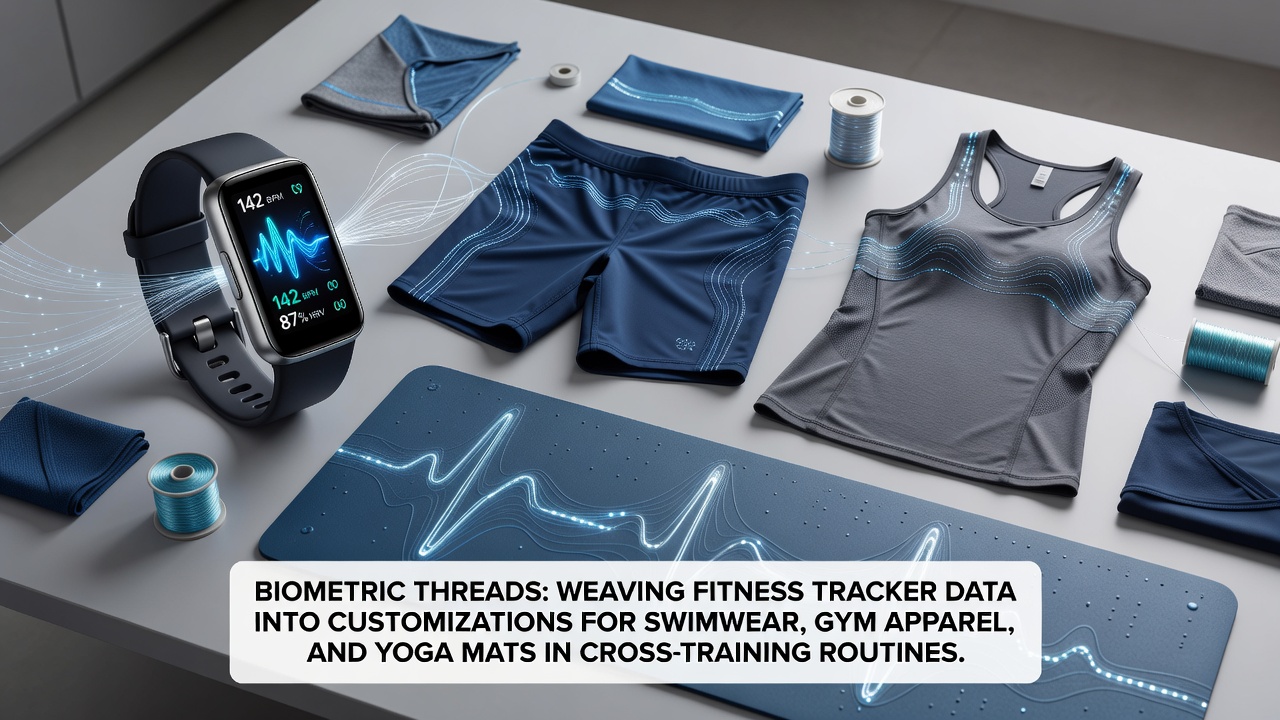 Fitness tracker data displayed alongside customized swimwear and gym apparel on a training surface