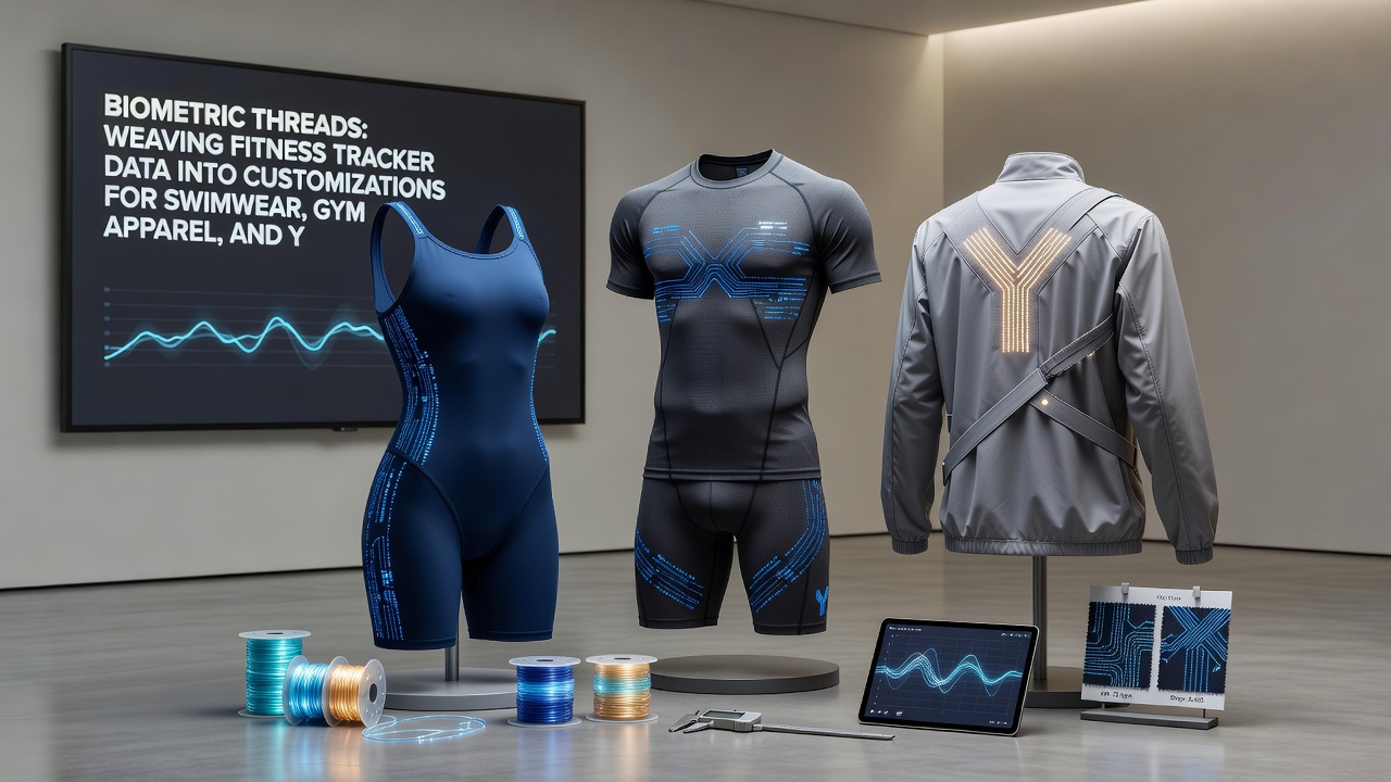 Yoga mat with embedded sensor zones next to gym apparel samples showing biometric customization details