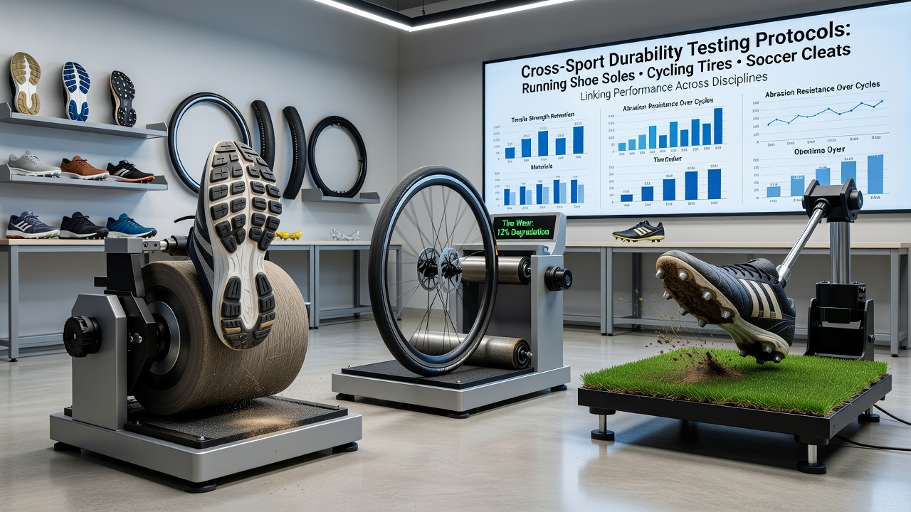 Technician measuring tread wear on cycling tire and soccer cleat samples using precision instruments
