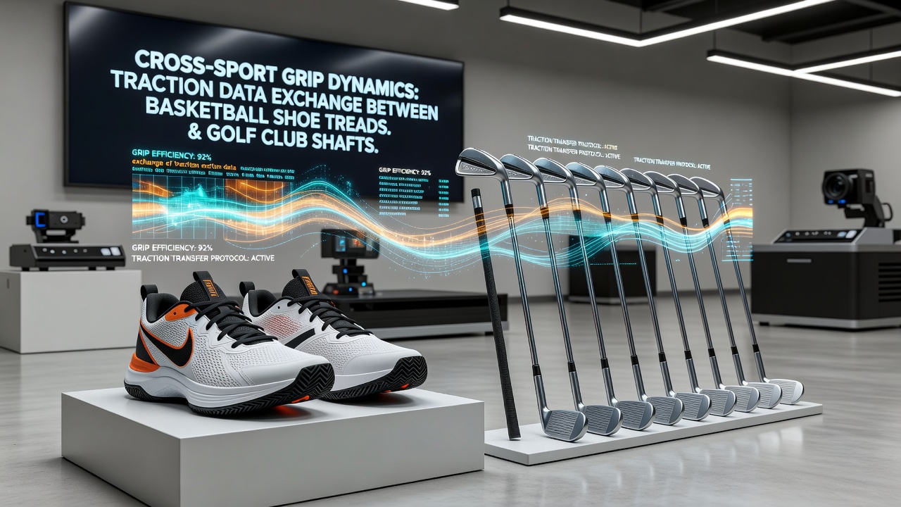 Fitness tracker dashboard displaying synchronized data streams from basketball shoes and golf equipment with stability metrics
