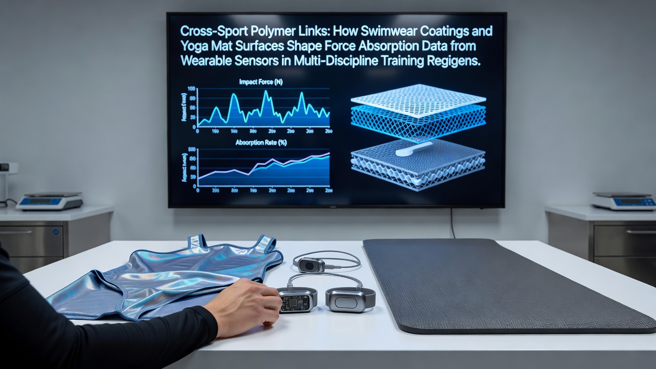 Close-up view of polymer-coated swimwear fabric alongside a textured yoga mat surface with embedded sensor data overlays showing force absorption metrics