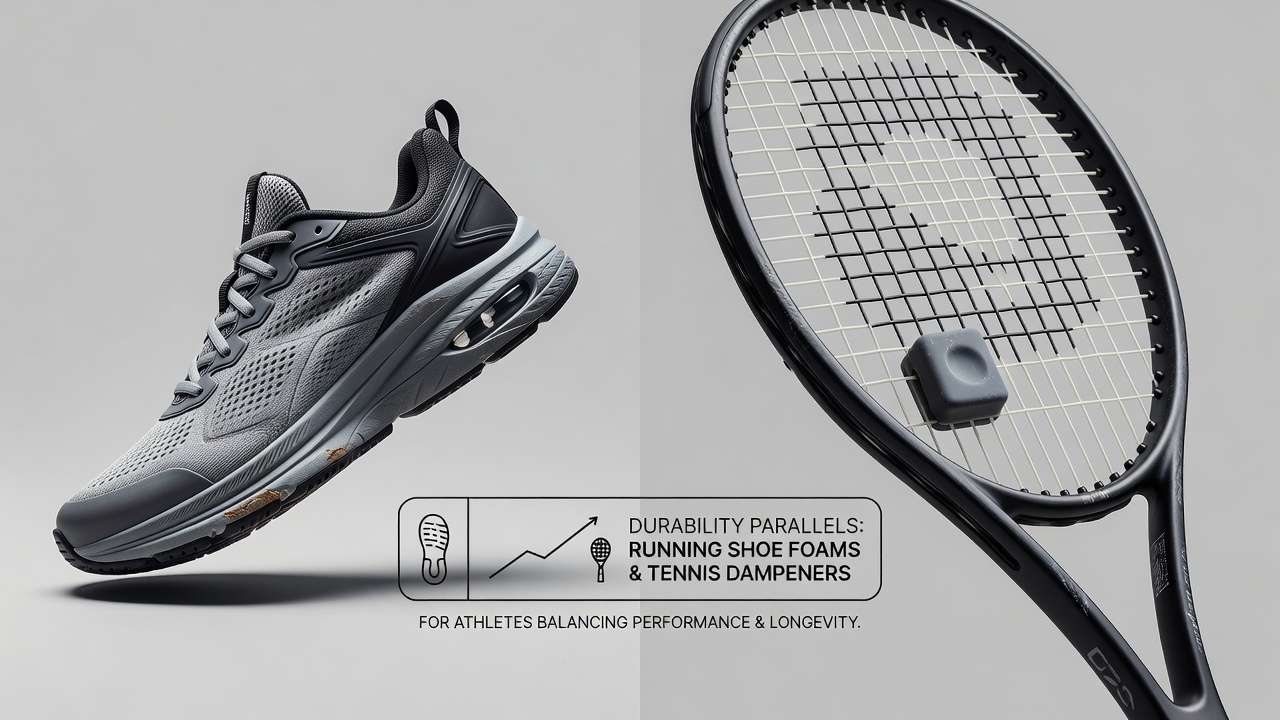 Athlete equipment setup showing worn running shoes next to a tennis racket with multiple dampeners installed during a dual-sport training day