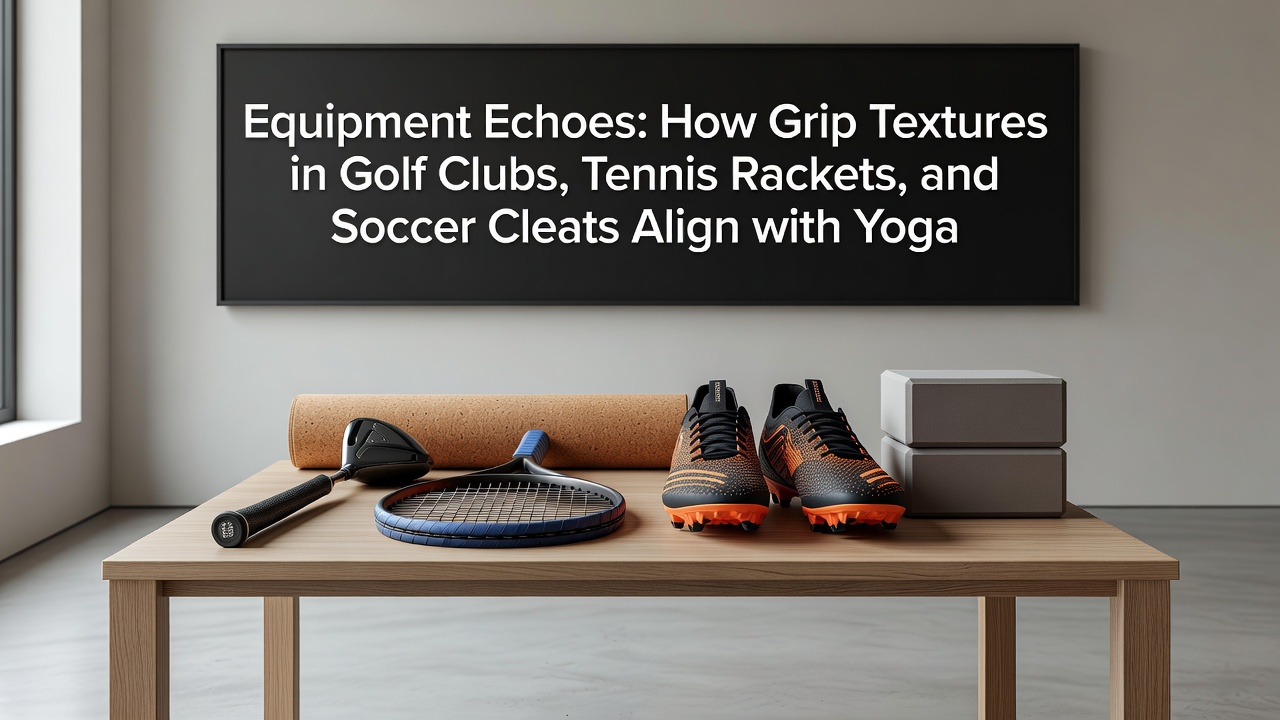 Tennis racket grip texture compared with soccer cleat studs and yoga mat surface during cross-training setup