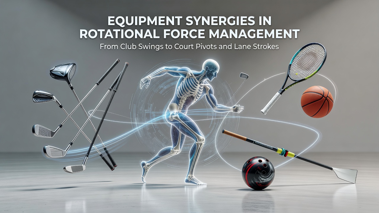 Athletes demonstrating rotational movements with specialized equipment in golf, tennis, and bowling