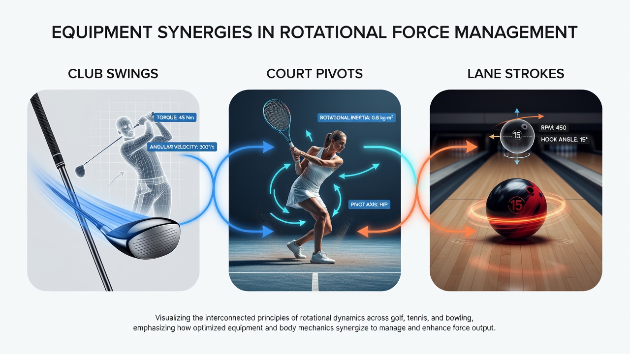 Close-up view of golf club, tennis shoe, and bowling ball demonstrating equipment components for rotational force