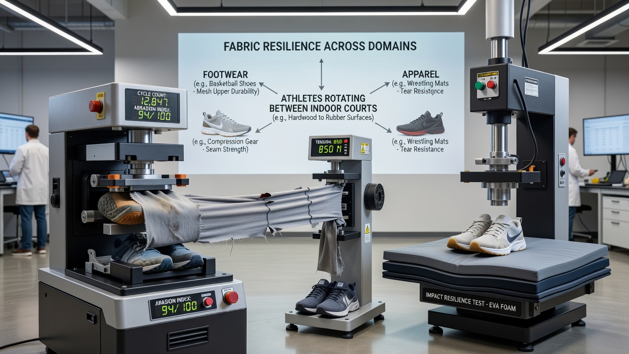 Laboratory setup for fabric resilience testing on athletic mats and apparel samples