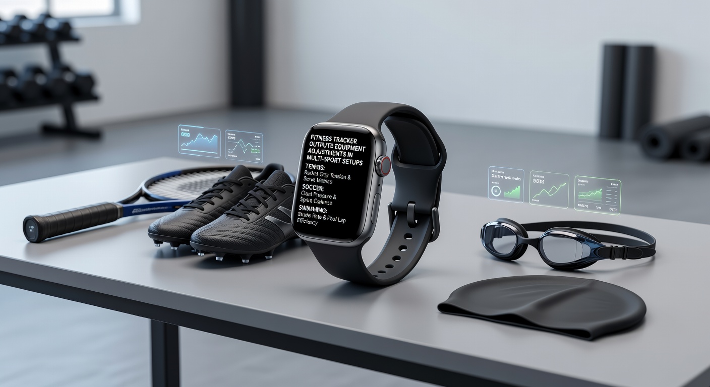 Fitness tracker displaying metrics during multi-sport training session involving tennis racket, soccer cleats, and swim gear