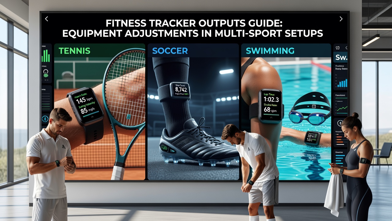 Athlete reviewing fitness tracker data while adjusting soccer cleats and swim cap in a multi-sport facility
