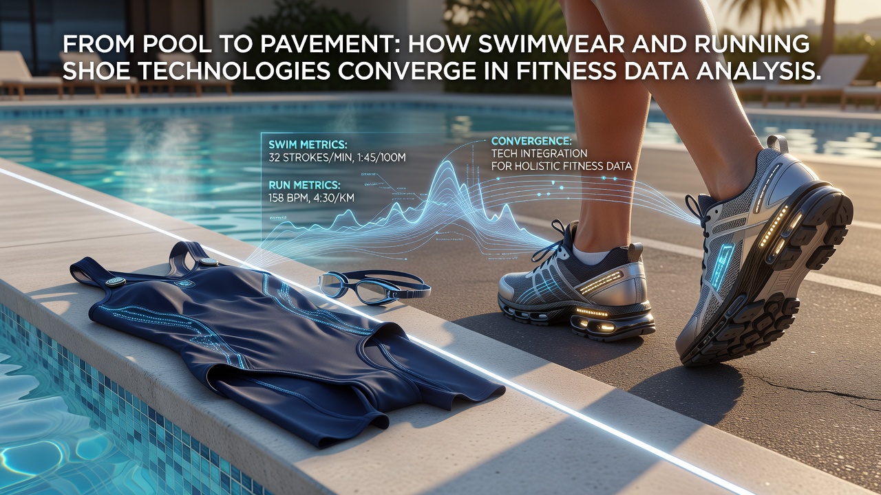 Swimwear fabric integrated with sensors alongside running shoes featuring pressure mapping technology displayed on a data dashboard