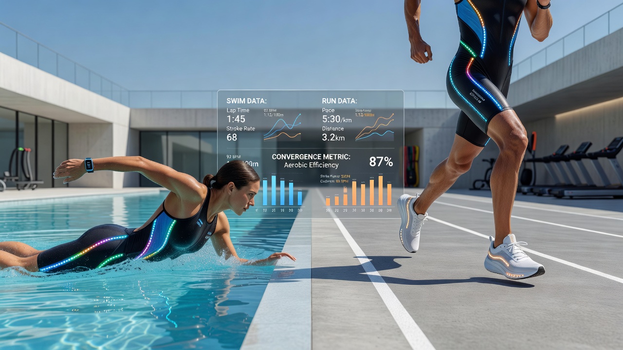 Data visualization screen showing overlaid swim stroke and running gait metrics from integrated fitness tracking software