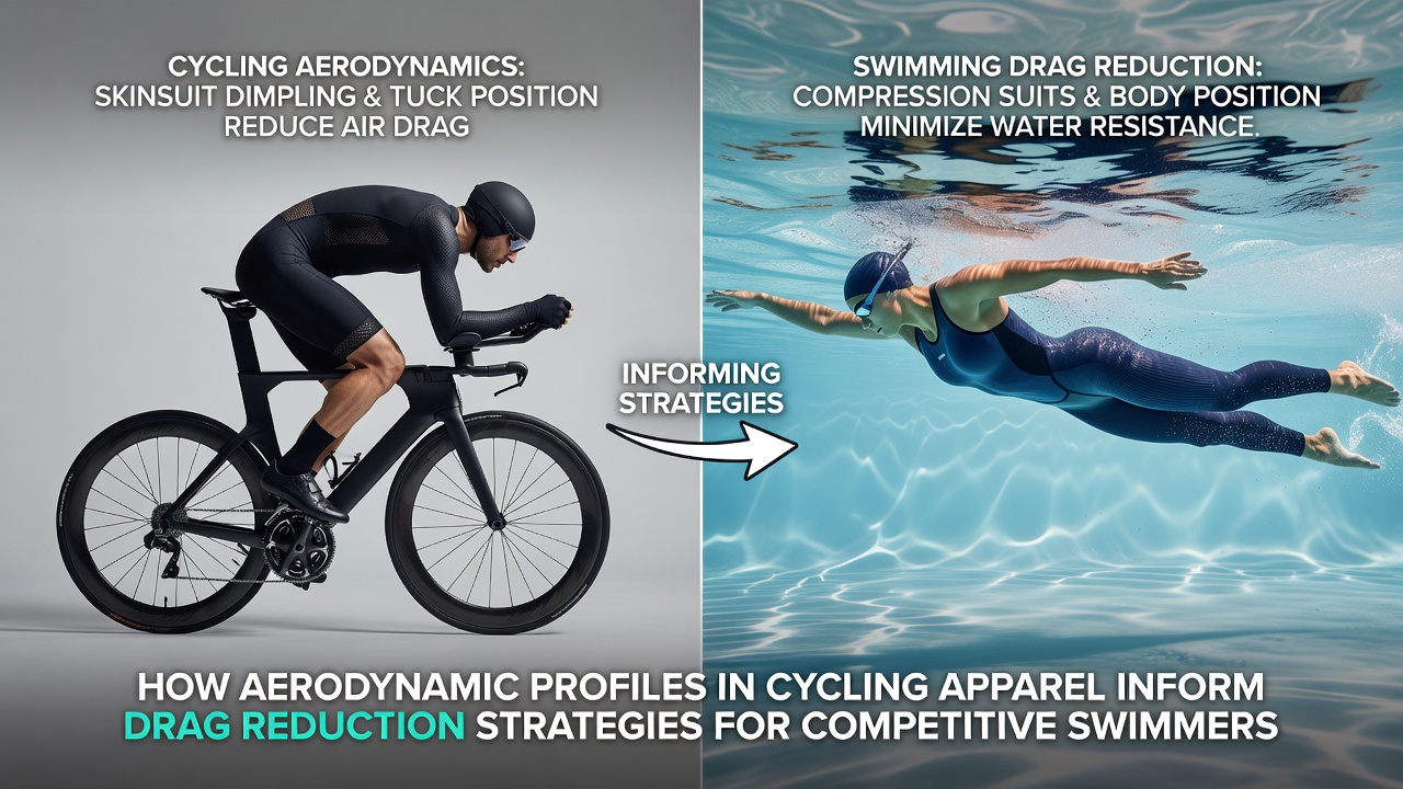 Competitive swimmers wearing drag-reducing suits with aerodynamic-inspired textures and compression zones