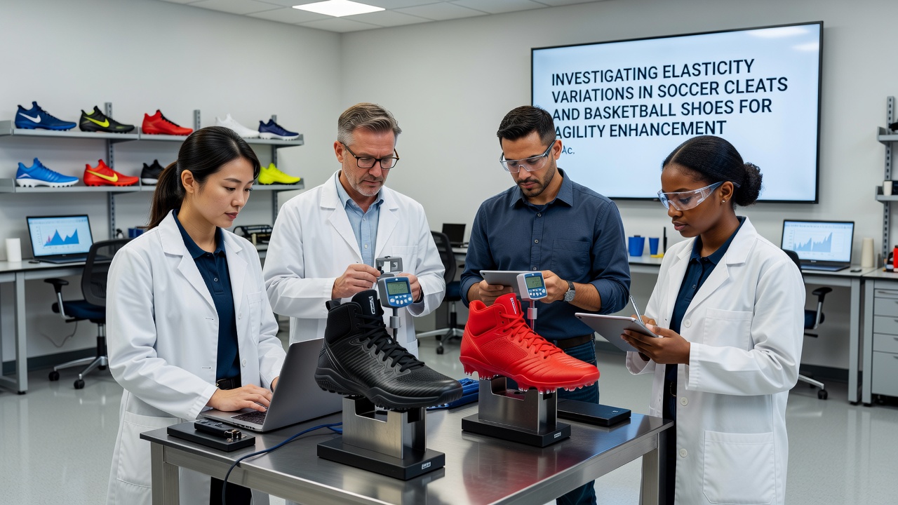 Athletes performing agility drills on grass and indoor court surfaces wearing soccer cleats and basketball shoes to measure elasticity effects