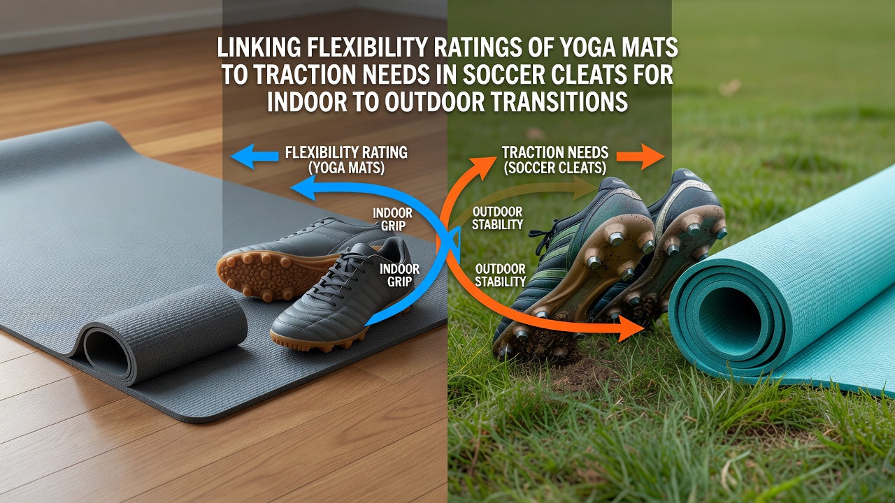 Yoga mat flexibility testing setup alongside soccer cleat samples on varied surfaces