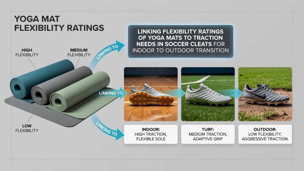 Side-by-side comparison of yoga mat deflection and soccer cleat stud engagement on indoor versus outdoor surfaces