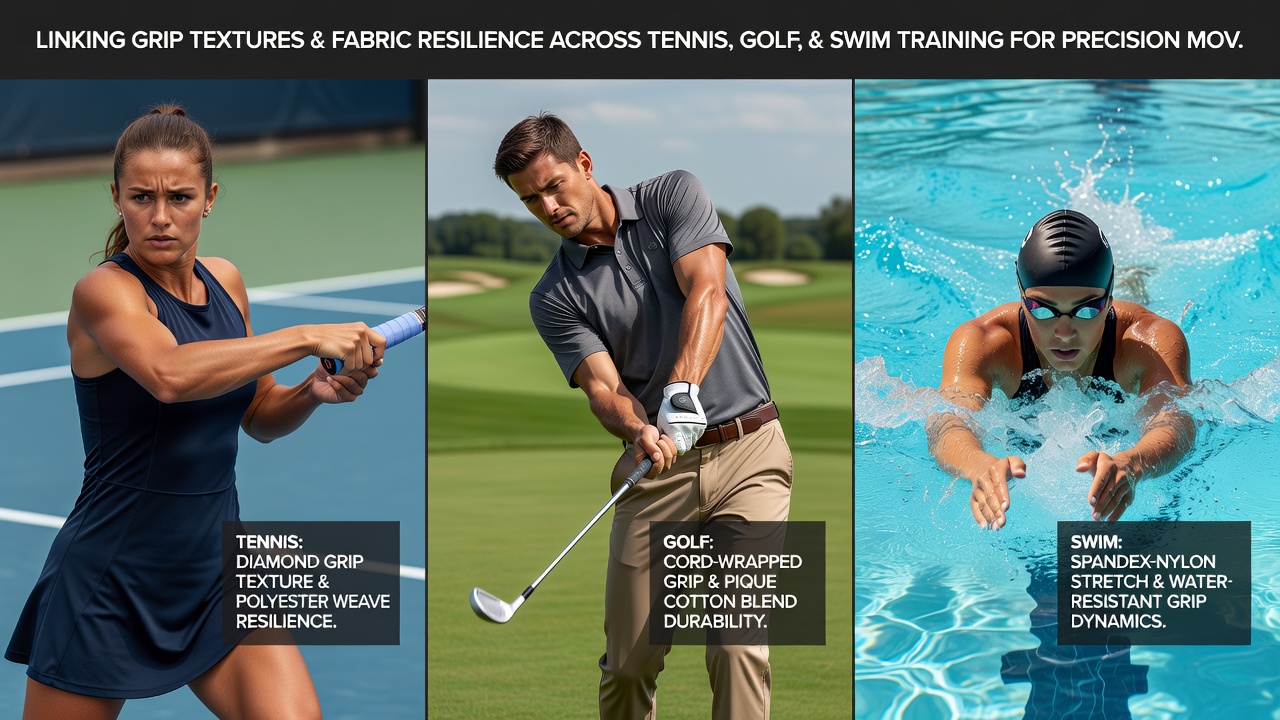 Swim training fabric samples tested for resilience next to sensor-equipped training gear from tennis and golf