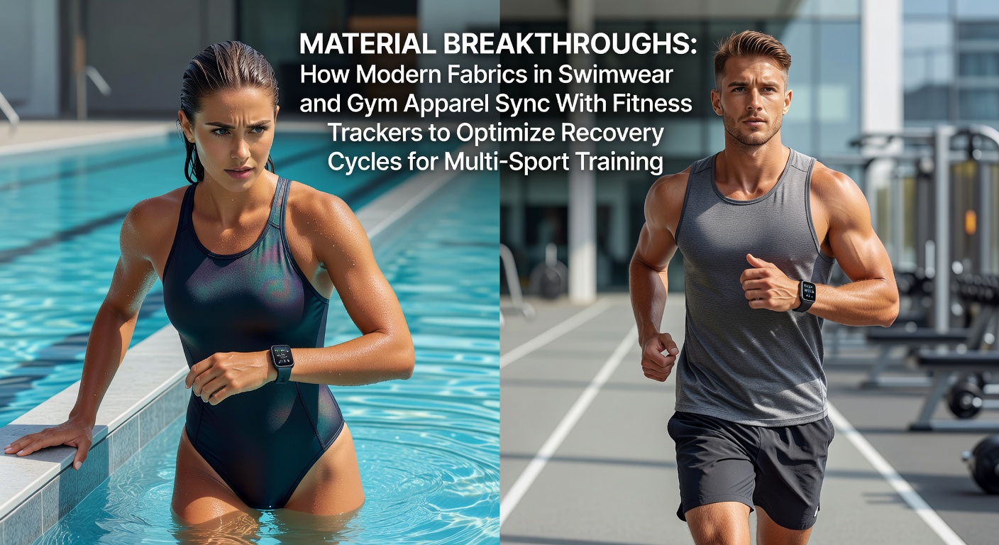 Modern swimwear and gym apparel fabrics integrated with fitness tracker technology for athlete recovery