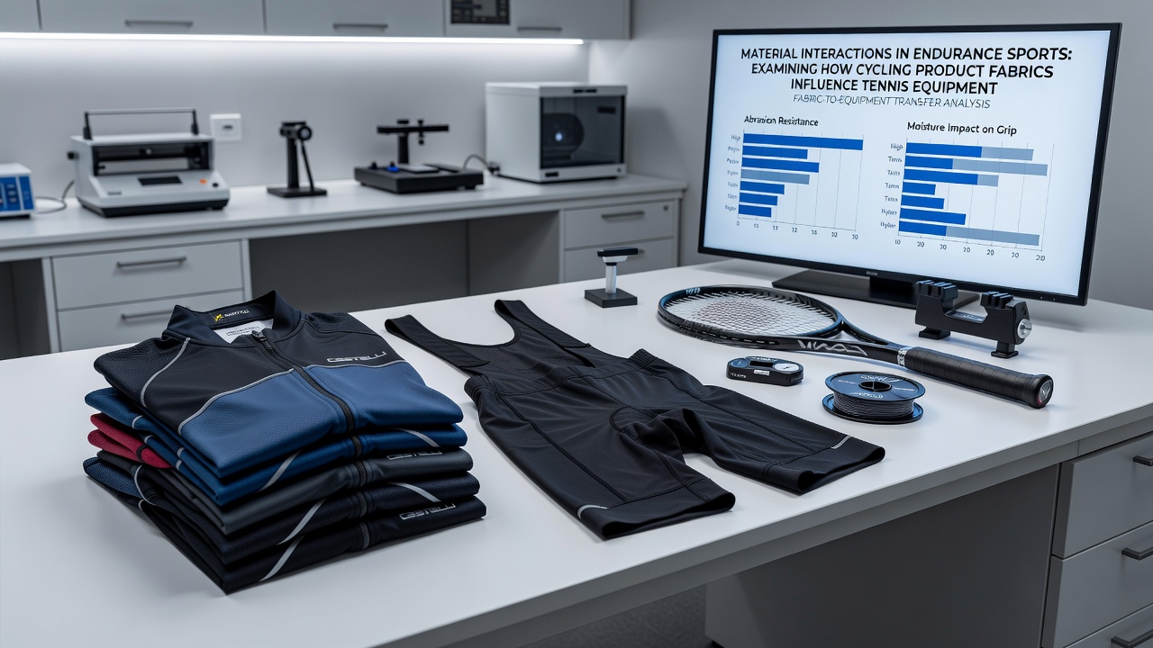 Performance testing setup comparing fabric samples from cycling and tennis equipment under simulated wear conditions