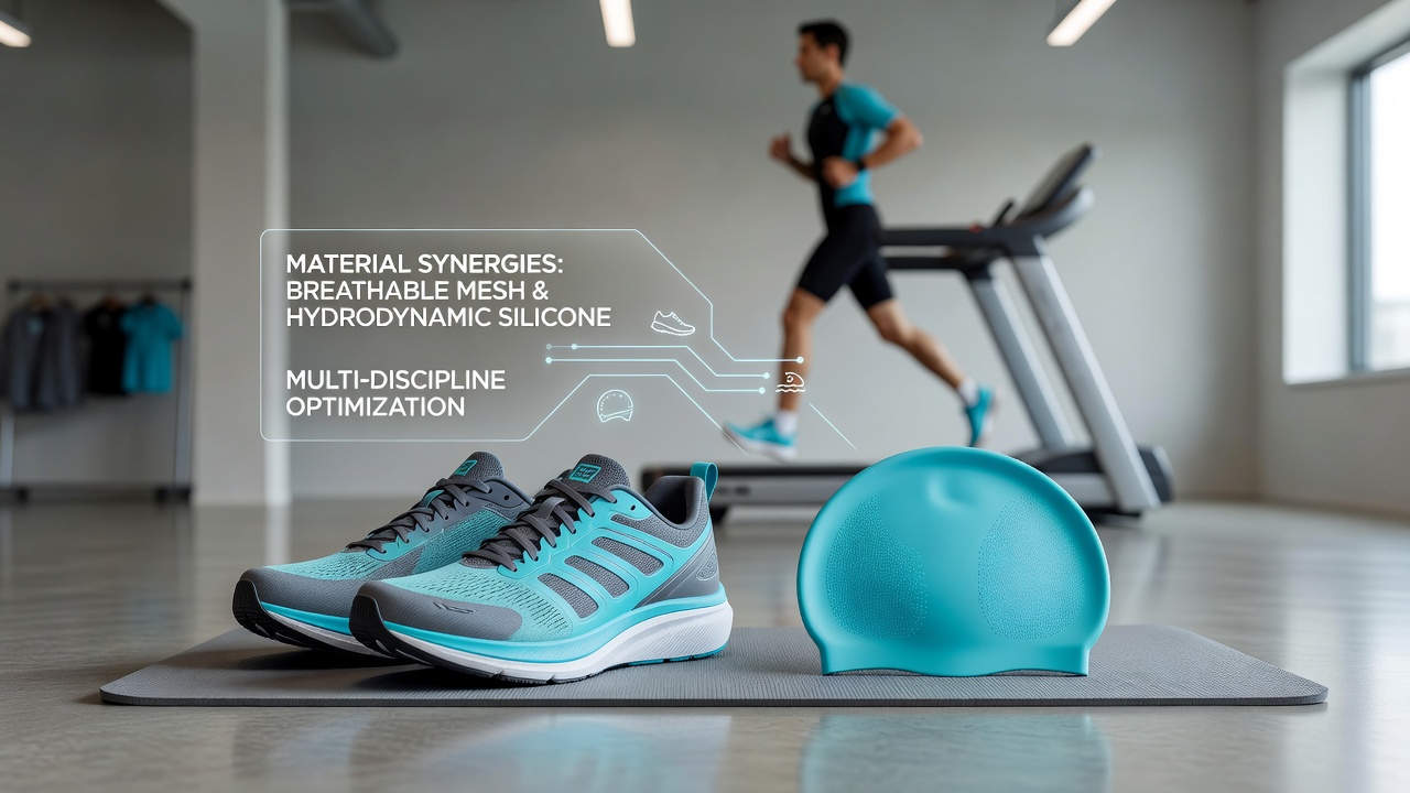 Close-up view of running shoe midsole foam alongside silicone swim cap material highlighting shared polymer properties for durability and flexibility