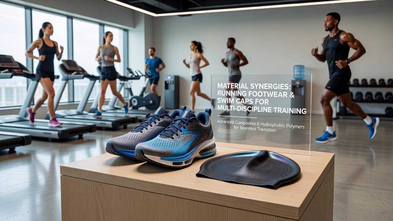 Athlete transitioning between running shoes and swim cap during multi-discipline training session with focus on material performance