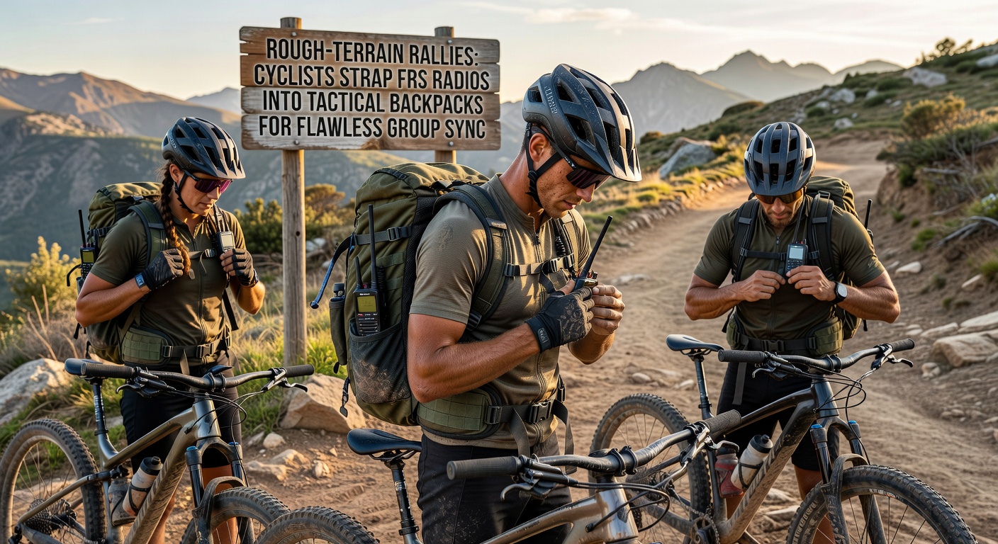 Cyclists navigating rocky singletrack during a rough-terrain rally, with tactical backpacks visible carrying communication gear