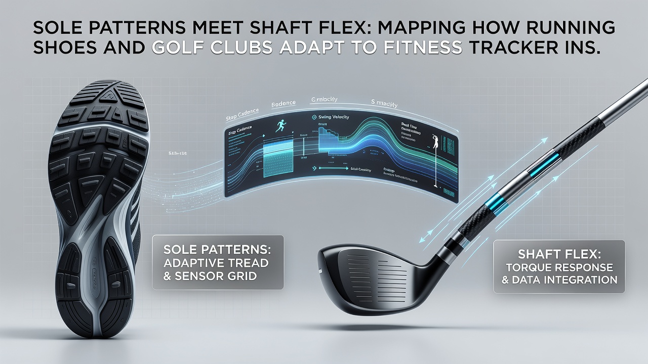 Detailed view of sensor integration between running footwear and golf equipment with terrain data overlays