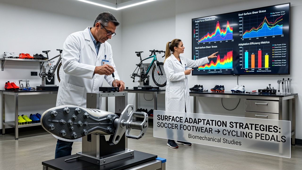 Motion capture data overlay showing force vectors from soccer cleats transferred to cycling pedal contact points