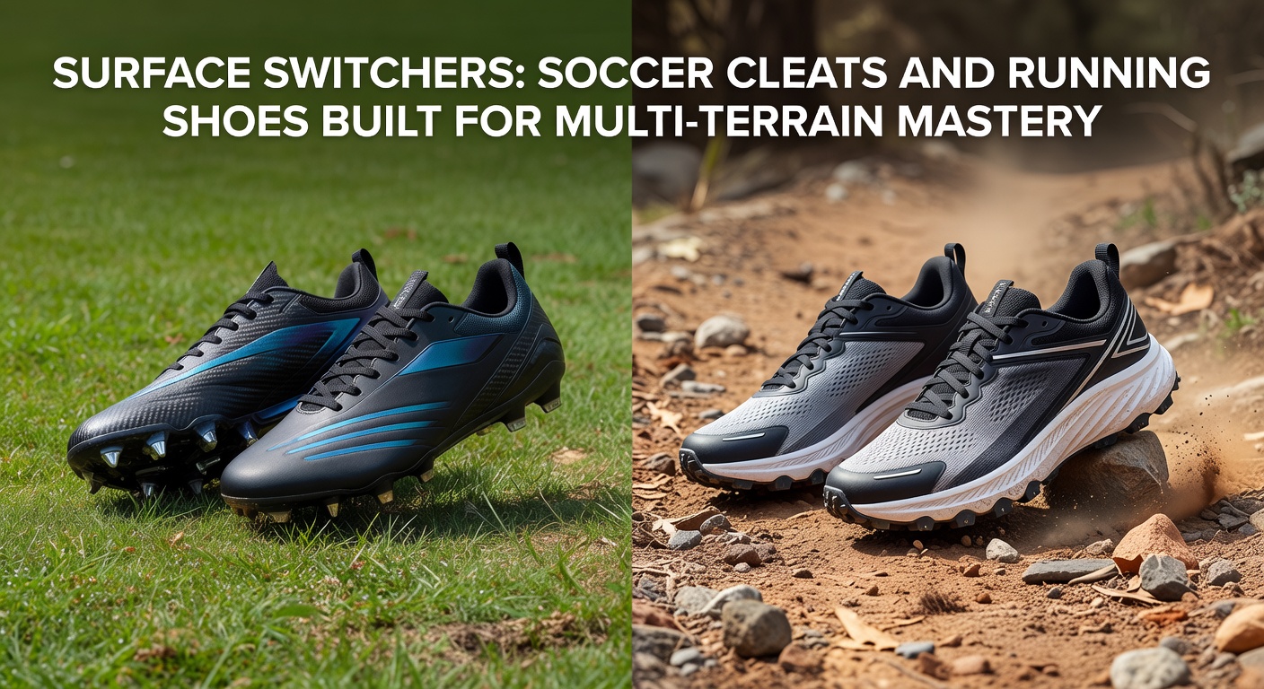 Athlete switching from grass field to artificial turf in hybrid soccer cleats, showcasing multi-terrain outsole grip