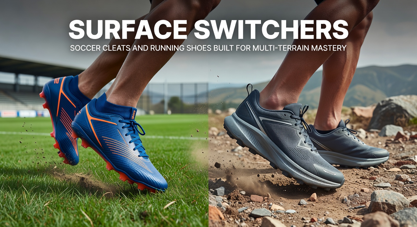 Runner powering through a trail-to-road transition in hybrid shoes, highlighting adaptive lug patterns and cushioning