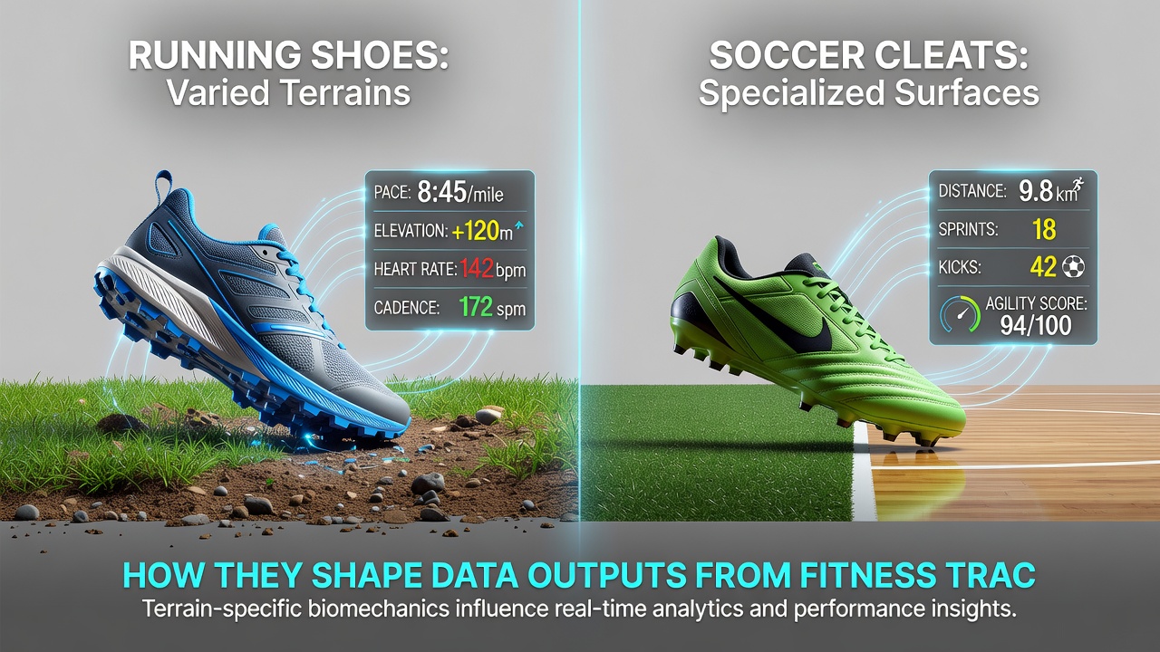 Close-up view of running shoe and soccer cleat soles on grass and pavement surfaces with tracker overlay graphics