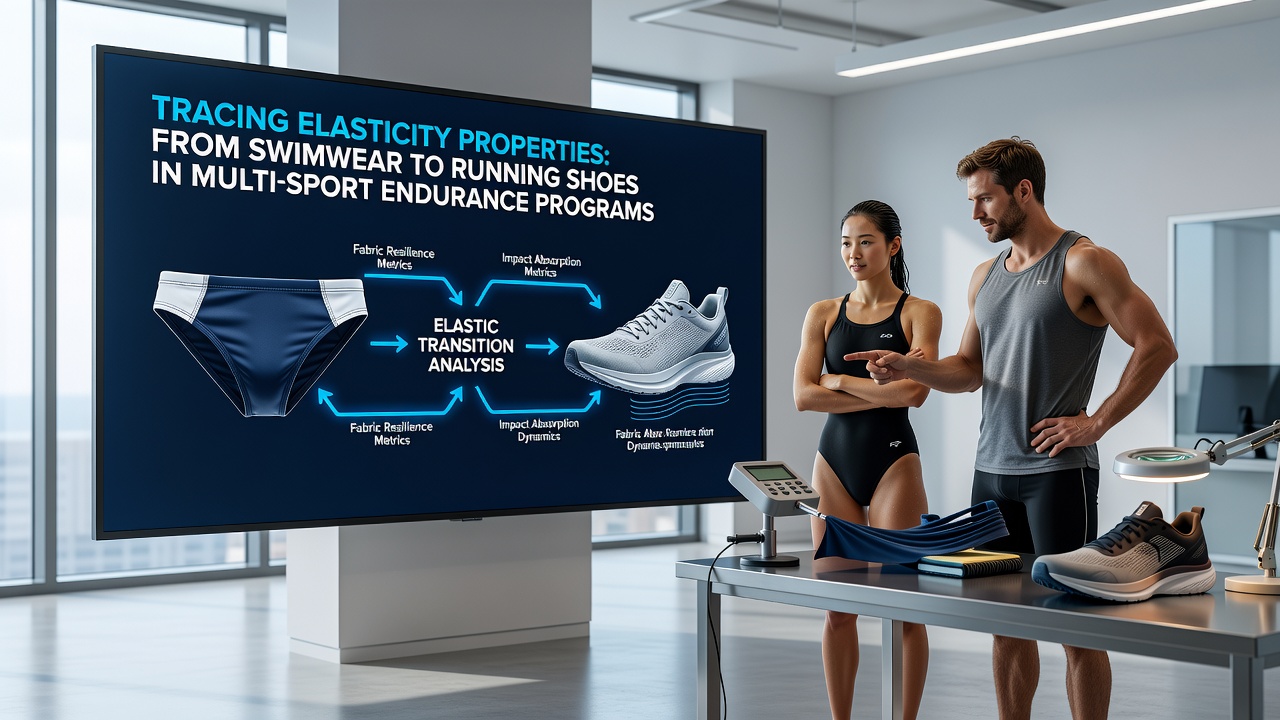Athlete transitioning from swim to run segment while wearing gear that demonstrates elasticity continuity between swimwear and running shoes