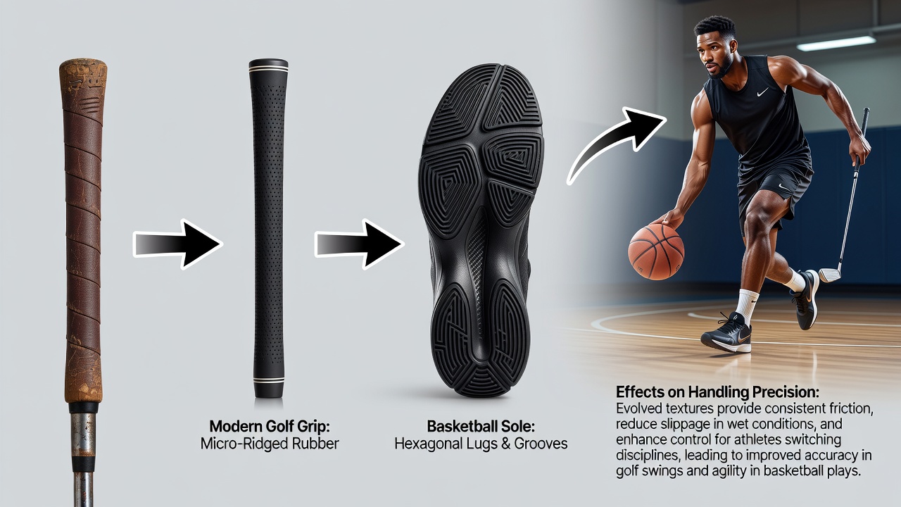 Detailed view of evolving golf club handle textures transitioning into modern basketball sole patterns for enhanced precision