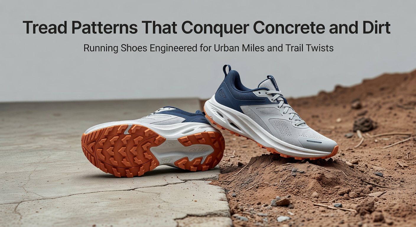Close-up of aggressive running shoe tread gripping mixed urban pavement and dirt trail surface under dynamic motion