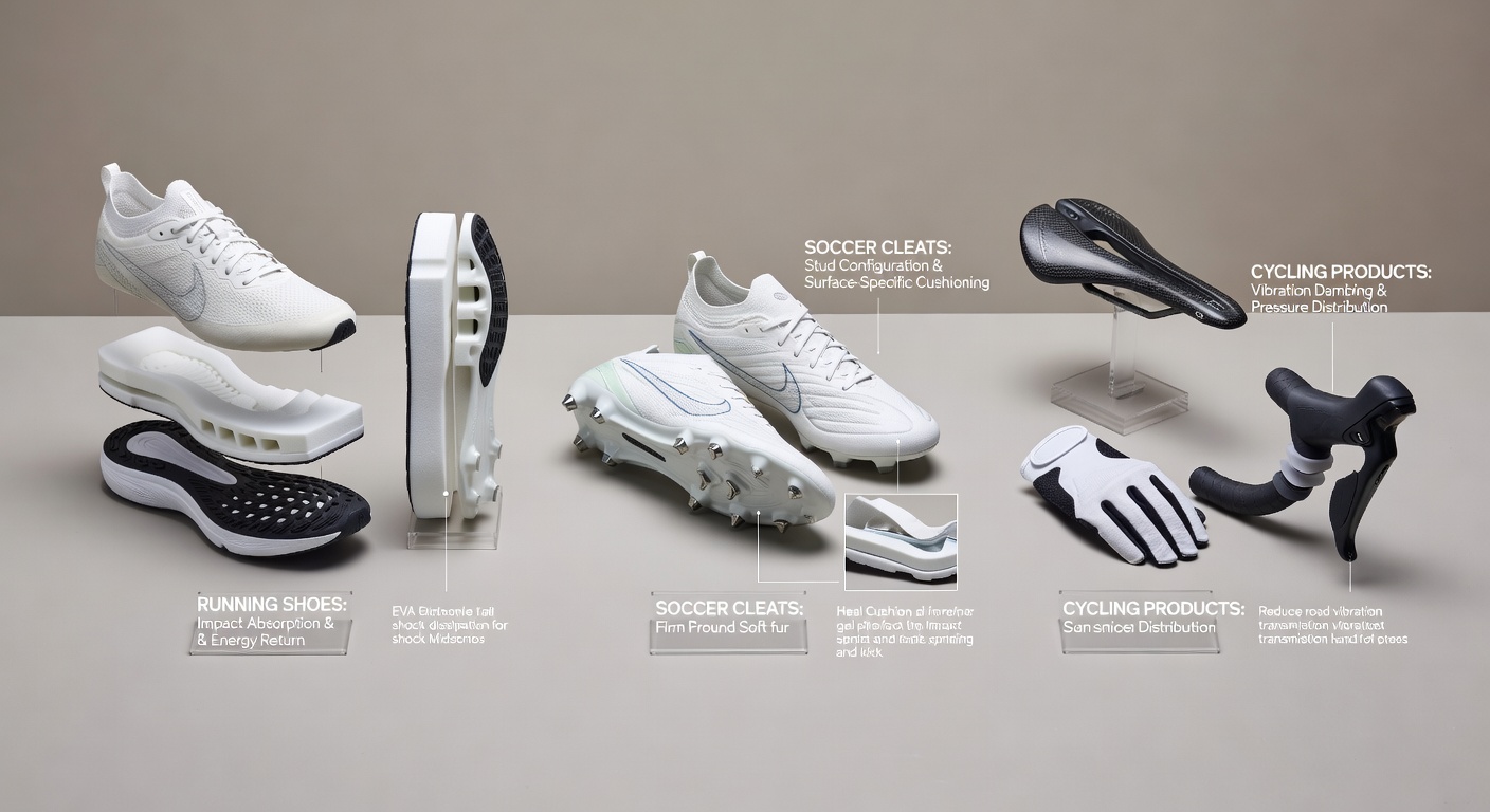 Close-up of midsole cushioning units in cycling shoes and running footwear comparison